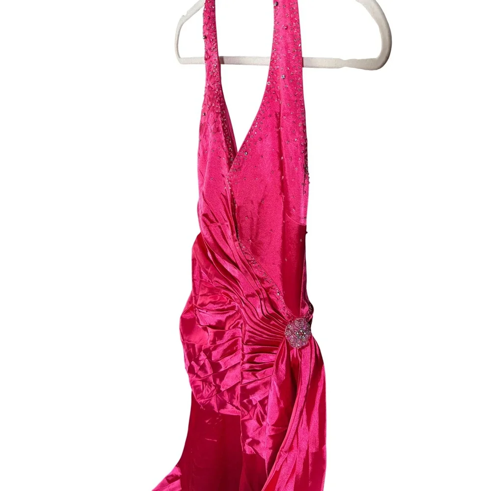 Poly USA Y2K Satin Gown | Hot Pink Beaded Halter | Prom Pageant Formal XS NWT